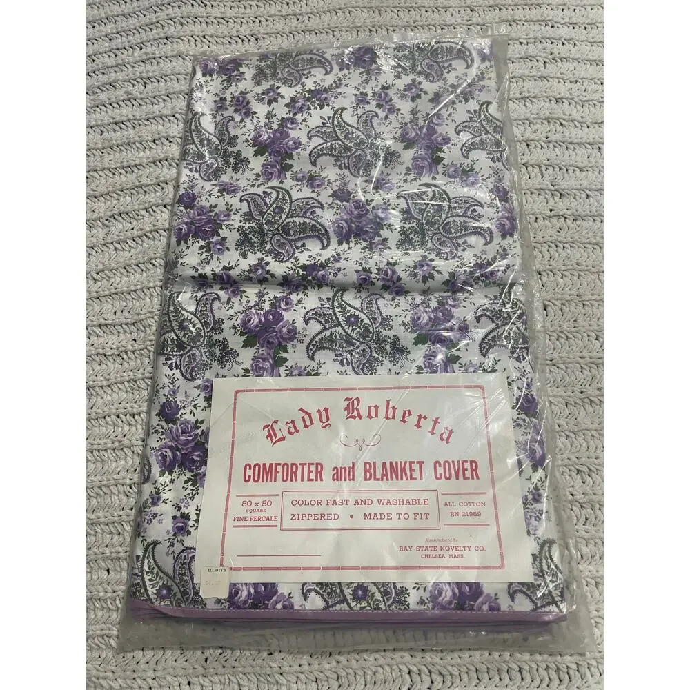 VTG NIP Lady Roberta Comforter Blanket Cover 80x80 Percale Floral Purple Cotton